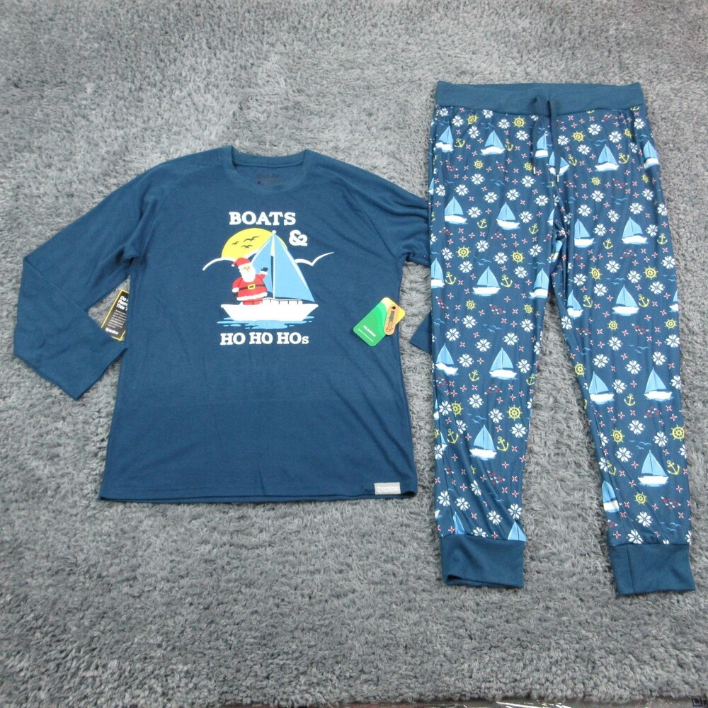 Tipsy Elves Pajama Set Mens L Blue Boats & Ho Ho Ho Graphic Long Sleeve Crew NWT
